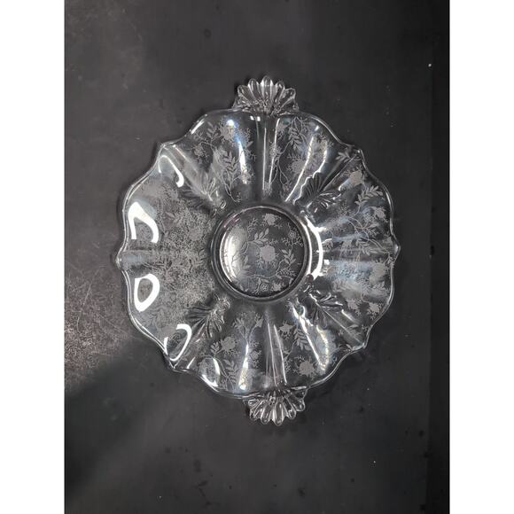Fostoria Etched Chintz Cake Platter with‎ Handles, Uranium Glassware, Home Decor - Picture 3 of 6